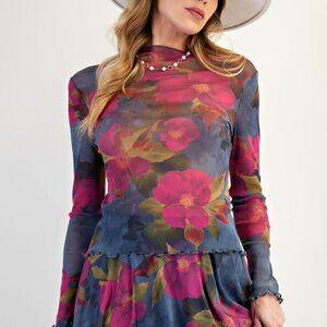 NWT Easel Indigo Magenta Floral Mesh Fitted Top – Sheer Long Sleeve Layering Tee